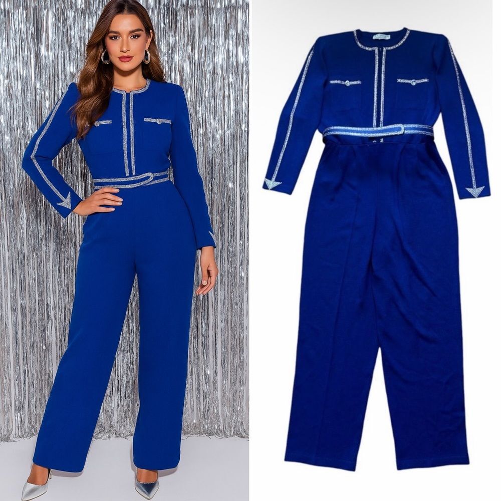 ST. JOHN Size 14 Royal Blue Made In USA Rhinestone Trimmed Knit Jumpsuit Pockets
